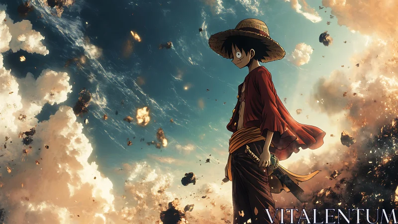 Straw-hatted anime adventurer in luminous storm clouds.