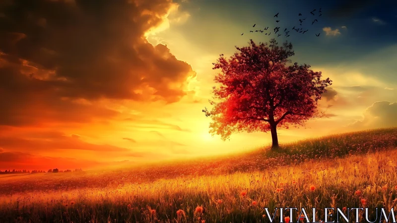 Digital painting landscape with lone crimson tree at dusk.