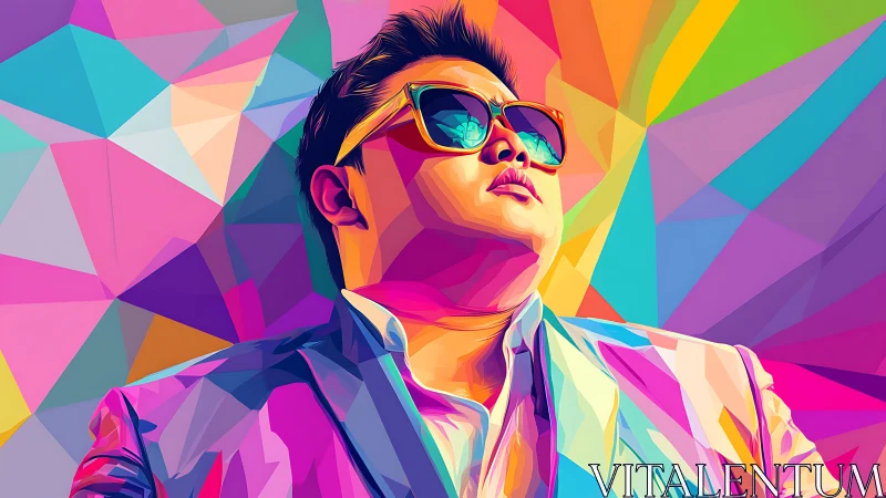 Pop art polygonal portrait with prismatic geometric backdrop.