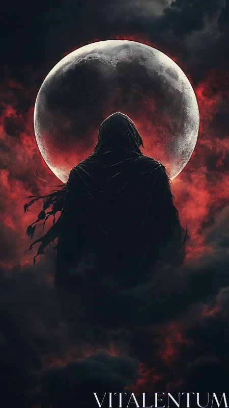 Hooded specter silhouette aligned against a blood-red lunar disc