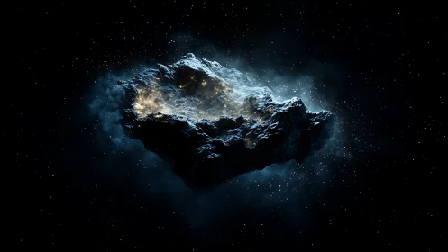 Rocky illuminated asteroid floating in deep outer space.