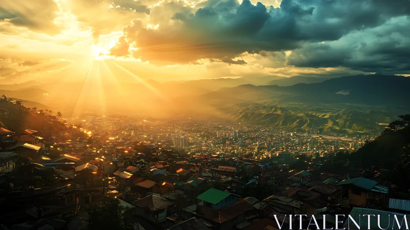 Golden evening sun pours over a peaceful mountain city