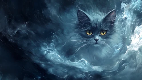 Feline portrait rendered within swirling atmospheric particle effects.
