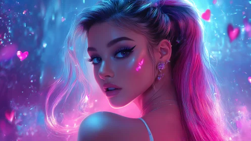 Iridescent cyber siren in neon pink and blue glow.