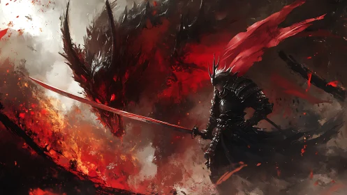 Armored swordsman confronts fiery dragon amid red chaos
