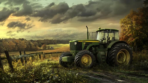 Sturdy green tractor resting quietly in golden farmland light.