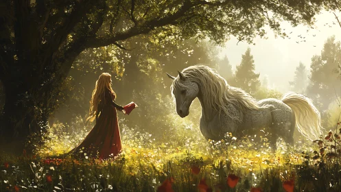 Golden hour forest encounter with engraved white fantasy horse