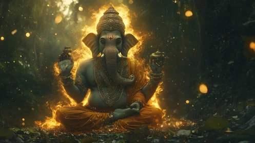 Digital rendering depicts seated Ganesha figure in forest fire