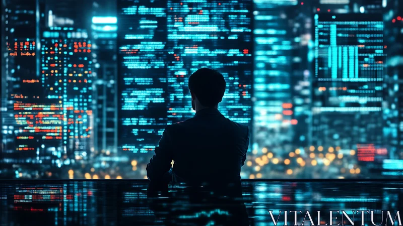 Silhouetted figure observing illuminated high rise skyline.