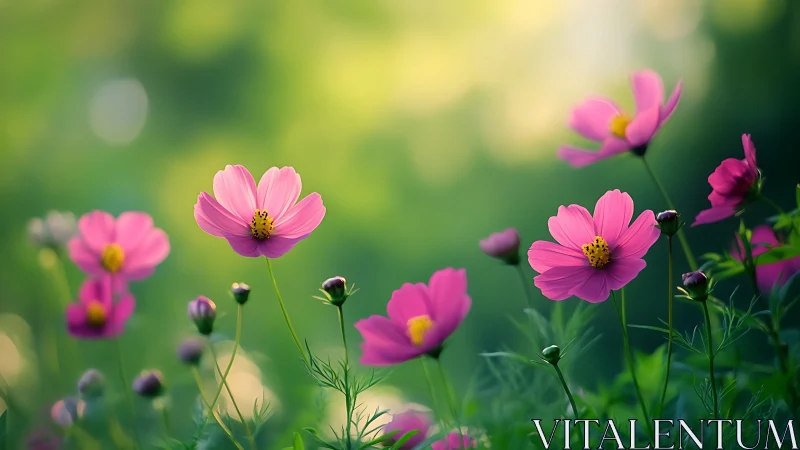 Pink cosmos flowers displaying shallow depth of field photographic rendering