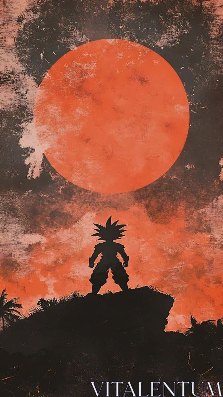 Silhouetted warrior crowned by a blazing rust-red planet.