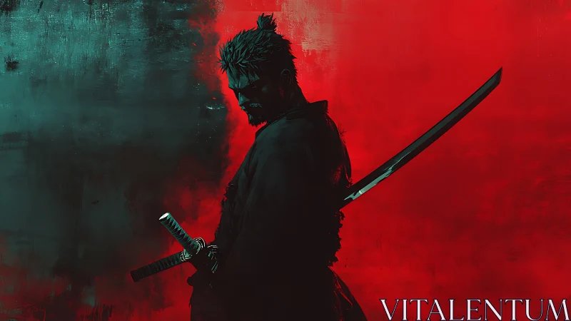 Solitary samurai silhouette in red and teal duotone field.