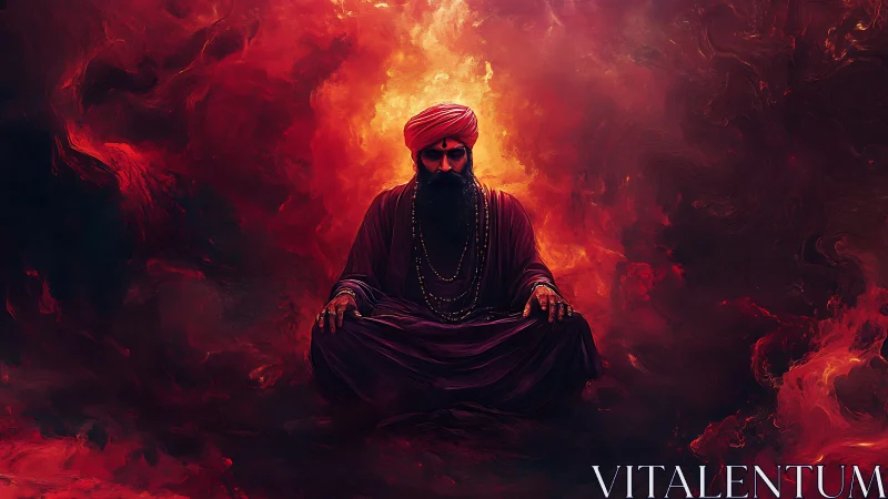 Mystic yogi in crimson robes amid swirling inferno aura