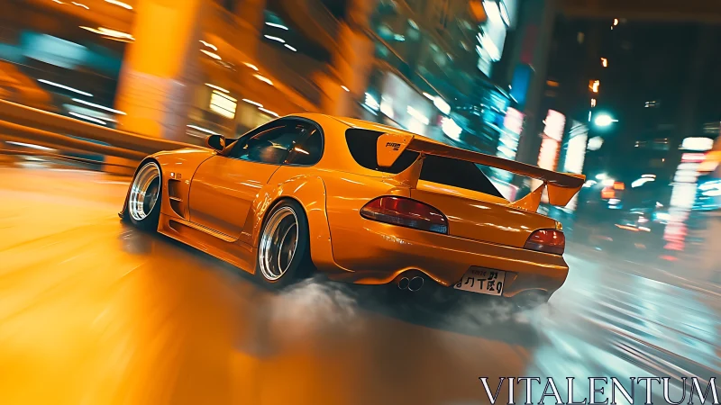 Yellow drift car slices through neon city night street.
