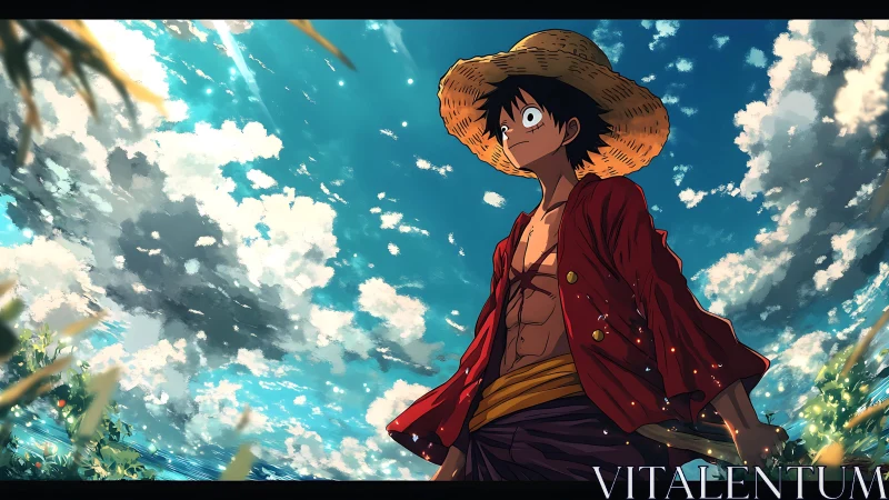 Straw hat anime character stands under expansive clouded sky