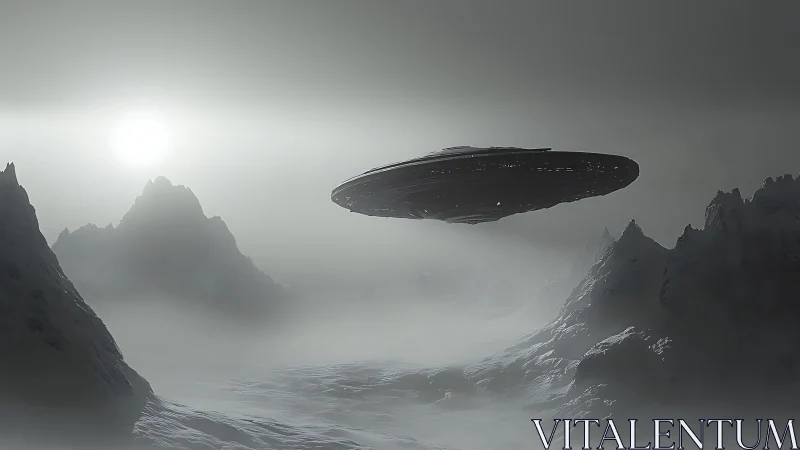 Massive disc starship over misted glacial mountain valley