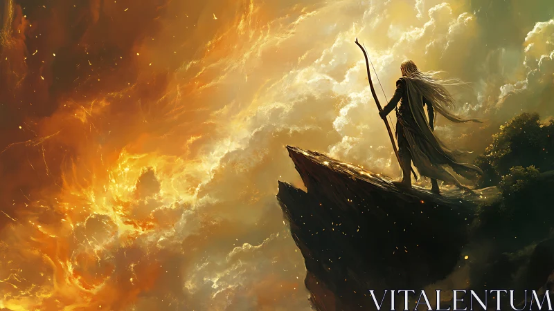 Elven archer overlooks fiery celestial storm horizon.