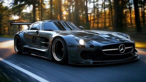 Midnight silver racer slicing through sunlit forest roads.