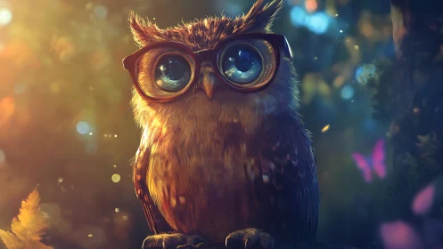 Whimsical Owl with Glasses in Magical Forest, Digital Art Style.