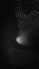 Curved tunnel of white light dots in deep black space.