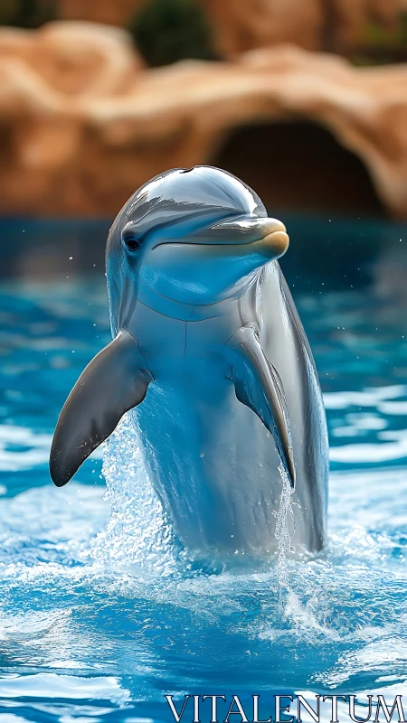 Bottlenose dolphin leaps vertically from bright blue pool