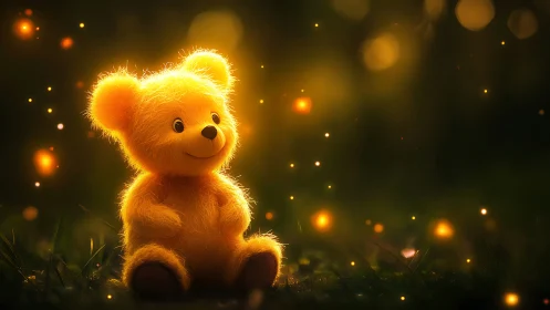 Luminous plush bear amid volumetric firefly bokeh field.