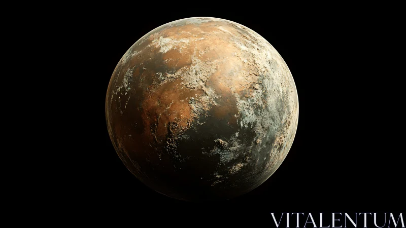 Rocky brown exoplanet with ice patches in deep space.