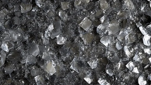 Crushed translucent mineral fragments form dense reflective surface