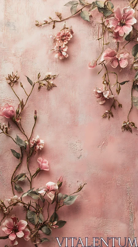 Pink flowers arranged on textured rose wall surface
