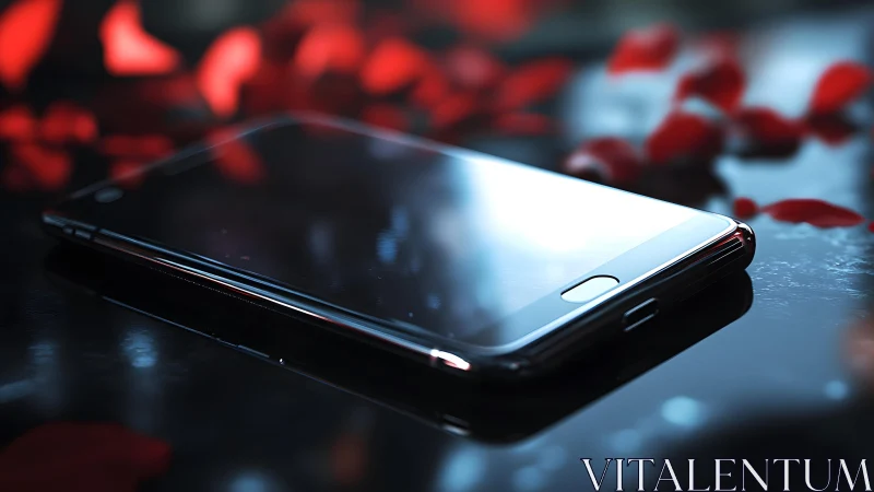 Sleek smartphone on glossy surface with scattered red petals, moody style.