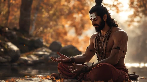 Quiet autumn river meditation with a serene sage.