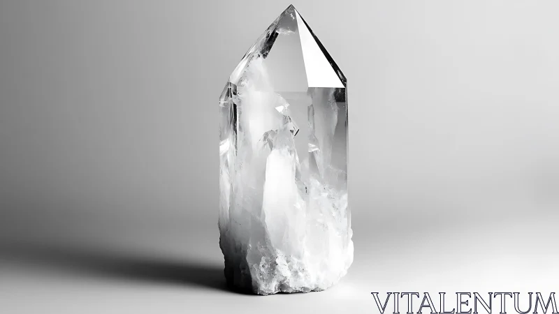 Clear quartz crystal stands in minimalist grayscale space.