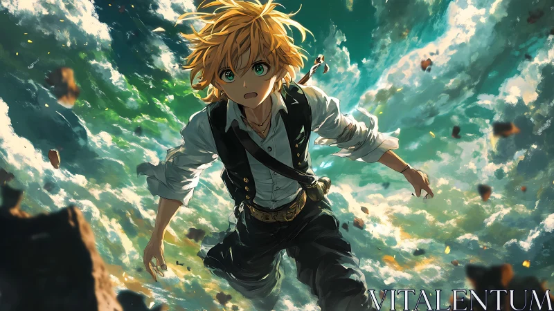 Skybound anime hero plunges through swirling emerald clouds.