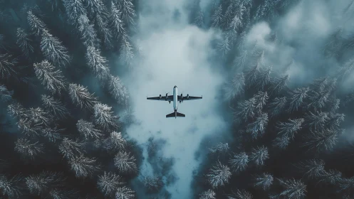 Aerial turboprop aircraft penetrating fog over frozen conifers.