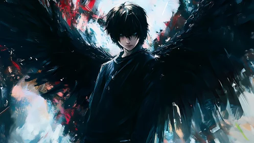 Nocturnal winged figure in dynamic chromatic turbulence.