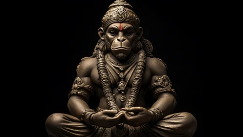 Photorealistic bronze Hanuman sculpture in meditative symmetry.