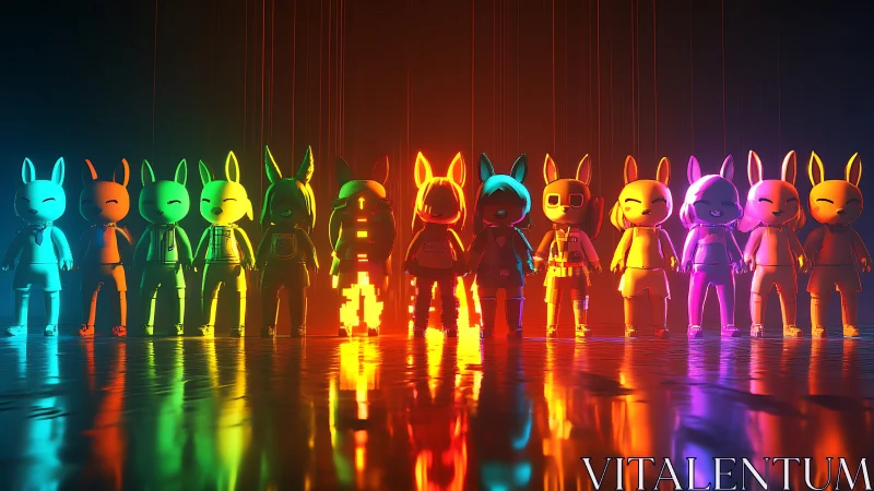 Neon bunny avatars lined in glowing rainbow spectrum row.