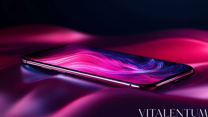 Sleek smartphone rests in glowing pink and purple light waves