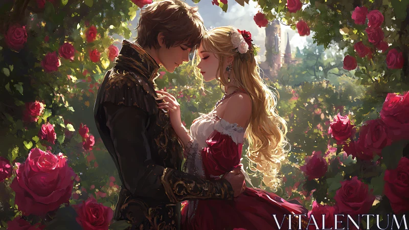 Two lovers embrace surrounded by blooming roses.