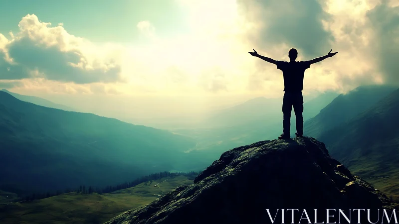 Silhouette on mountain ridge against bright valley sky.