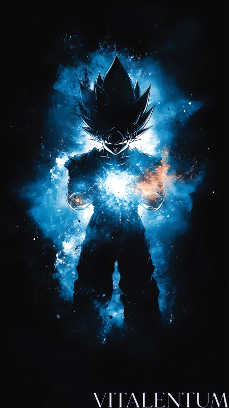 Silhouetted energy warrior radiates blue plasma aura in void