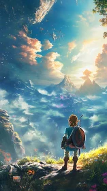 Heroic figure surveying expansive fantasy valley landscape.