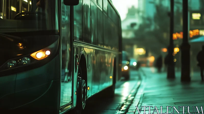 City bus stopped at wet curbside during early evening