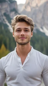 Young man stands outdoors in front of blurred mountain landscape