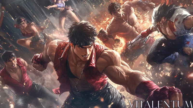 Martial artist squad charges forward through sparks and debris