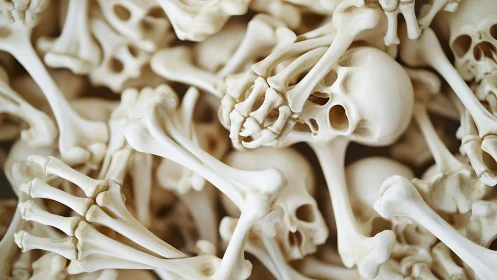 Clustered anatomical skulls and bones in close composition.