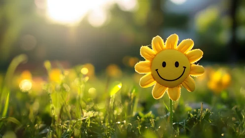 Smiling yellow sun toy in sunlit meadow with soft bokeh glow.