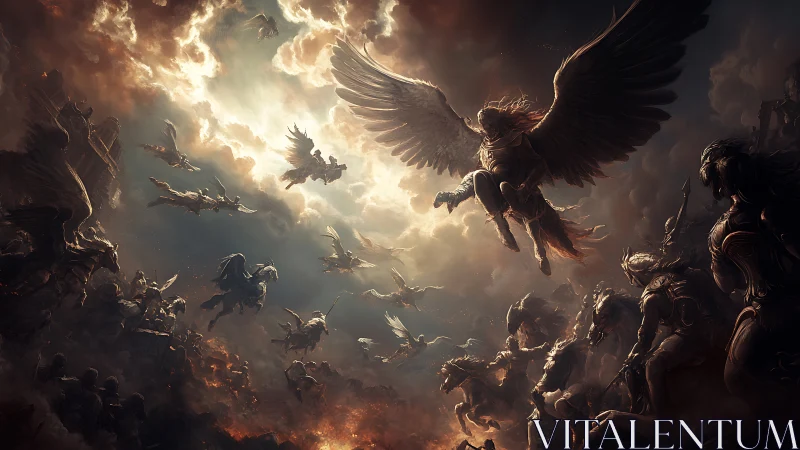 Epic aerial clash of armored angels over burning battlefield.