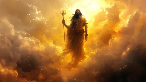 Mythic robed figure with trident amid dense golden clouds.