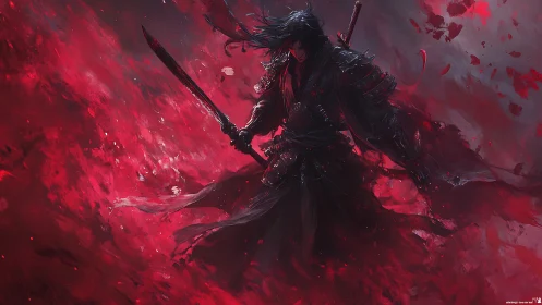Dark armored swordsman amid red abstract energy field.